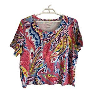 Talbots Womens Shirt Adult Size 3X Plus Pink Stretch Paisley Short Sleeve Top